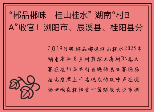 “郴品郴味・桂山桂水” 湖南“村BA”收官！浏阳市、辰溪县、桂阳县分获冠亚季军！